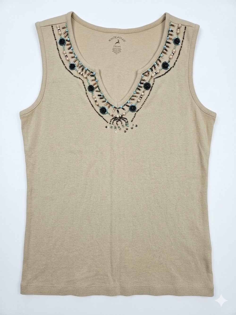 White Stag Beige Tank Top with Beaded V-Neck